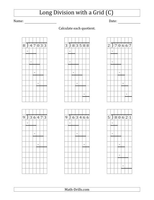 The 5-Digit by 1-Digit Long Division with Remainders with Grid Assistance and Prompts (C) Math Worksheet