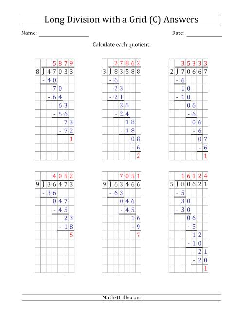 The 5-Digit by 1-Digit Long Division with Remainders with Grid Assistance and Prompts (C) Math Worksheet Page 2