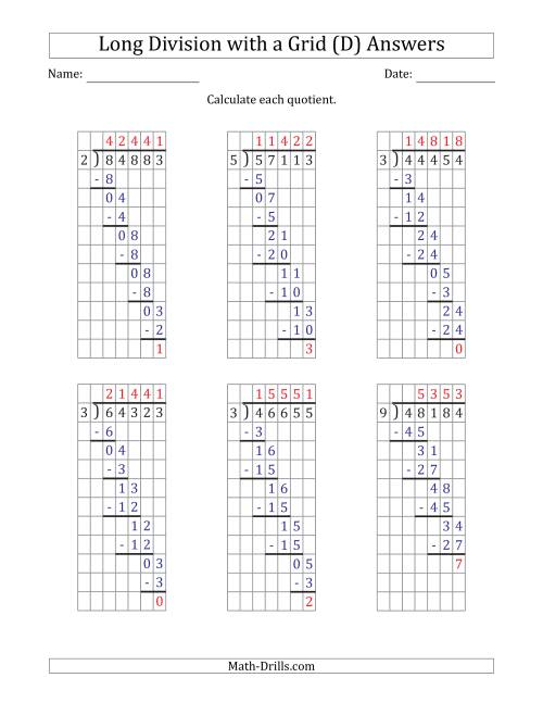 The 5-Digit by 1-Digit Long Division with Remainders with Grid Assistance and Prompts (D) Math Worksheet Page 2