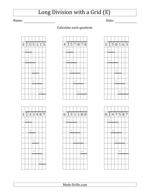 The 5-Digit by 1-Digit Long Division with Remainders with Grid Assistance and Prompts (E) Math Worksheet