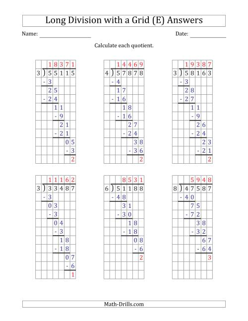 The 5-Digit by 1-Digit Long Division with Remainders with Grid Assistance and Prompts (E) Math Worksheet Page 2