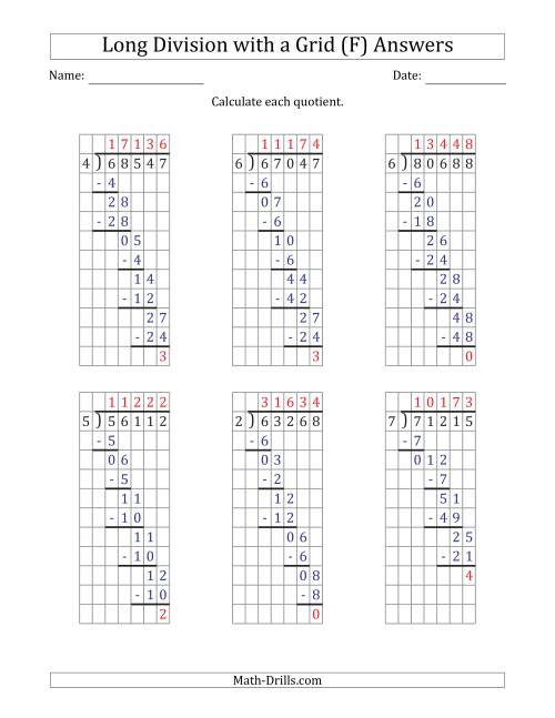 The 5-Digit by 1-Digit Long Division with Remainders with Grid Assistance and Prompts (F) Math Worksheet Page 2