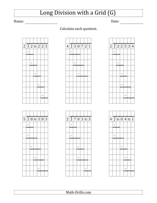 The 5-Digit by 1-Digit Long Division with Remainders with Grid Assistance and Prompts (G) Math Worksheet