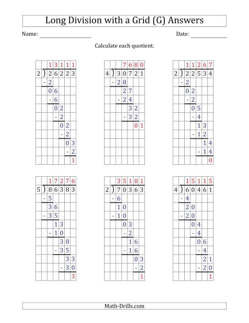 The 5-Digit by 1-Digit Long Division with Remainders with Grid Assistance and Prompts (G) Math Worksheet Page 2
