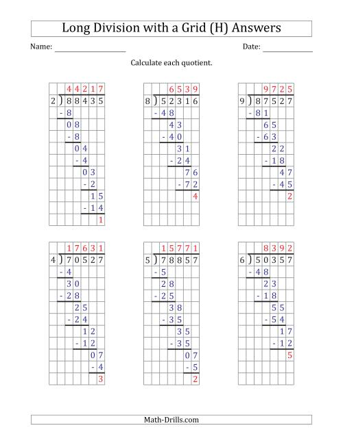 The 5-Digit by 1-Digit Long Division with Remainders with Grid Assistance and Prompts (H) Math Worksheet Page 2