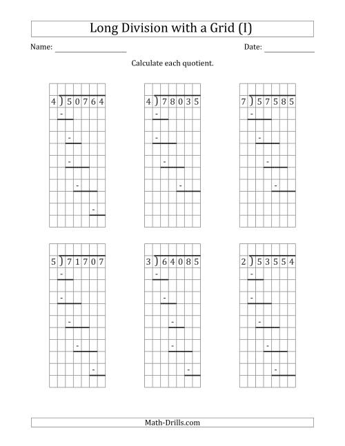 The 5-Digit by 1-Digit Long Division with Remainders with Grid Assistance and Prompts (I) Math Worksheet