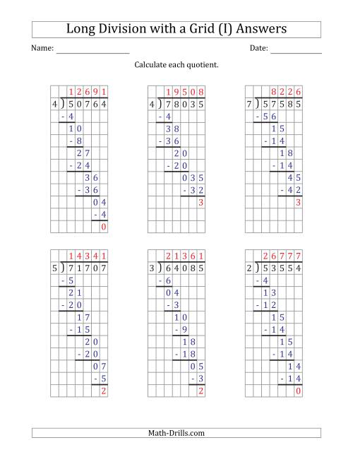The 5-Digit by 1-Digit Long Division with Remainders with Grid Assistance and Prompts (I) Math Worksheet Page 2