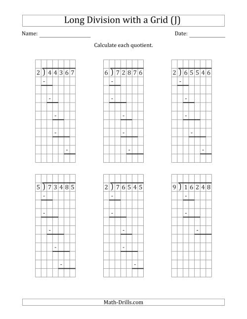 The 5-Digit by 1-Digit Long Division with Remainders with Grid Assistance and Prompts (J) Math Worksheet