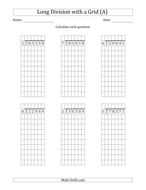 The 5-Digit by 1-Digit Long Division with Remainders with Grid Assistance (A) Math Worksheet