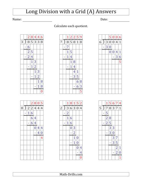 The 5-Digit by 1-Digit Long Division with Remainders with Grid Assistance (A) Math Worksheet Page 2