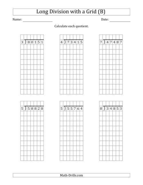 The 5-Digit by 1-Digit Long Division with Remainders with Grid Assistance (B) Math Worksheet