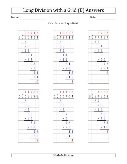 The 5-Digit by 1-Digit Long Division with Remainders with Grid Assistance (B) Math Worksheet Page 2