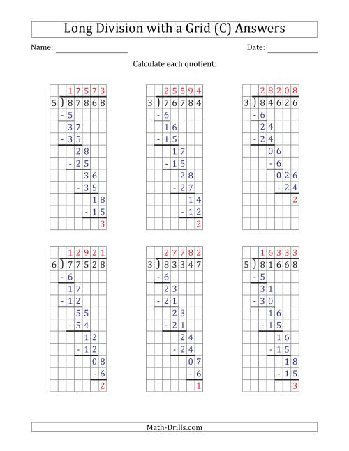 The 5-Digit by 1-Digit Long Division with Remainders with Grid Assistance (C) Math Worksheet Page 2