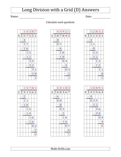 The 5-Digit by 1-Digit Long Division with Remainders with Grid Assistance (D) Math Worksheet Page 2
