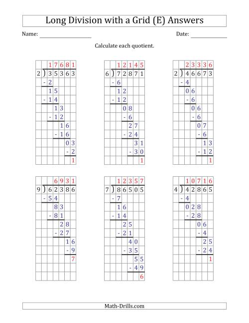 The 5-Digit by 1-Digit Long Division with Remainders with Grid Assistance (E) Math Worksheet Page 2