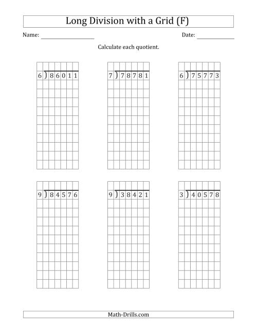 The 5-Digit by 1-Digit Long Division with Remainders with Grid Assistance (F) Math Worksheet