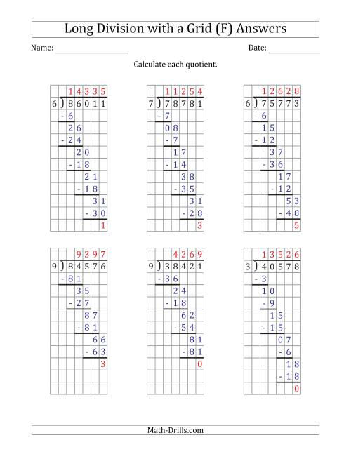The 5-Digit by 1-Digit Long Division with Remainders with Grid Assistance (F) Math Worksheet Page 2