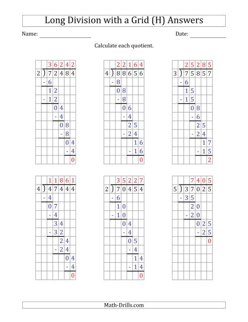 The 5-Digit by 1-Digit Long Division with Remainders with Grid Assistance (H) Math Worksheet Page 2
