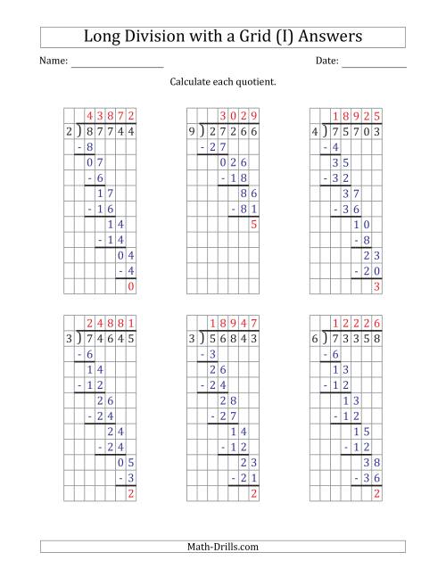 The 5-Digit by 1-Digit Long Division with Remainders with Grid Assistance (I) Math Worksheet Page 2