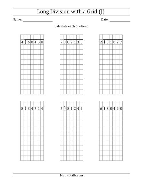 The 5-Digit by 1-Digit Long Division with Remainders with Grid Assistance (J) Math Worksheet