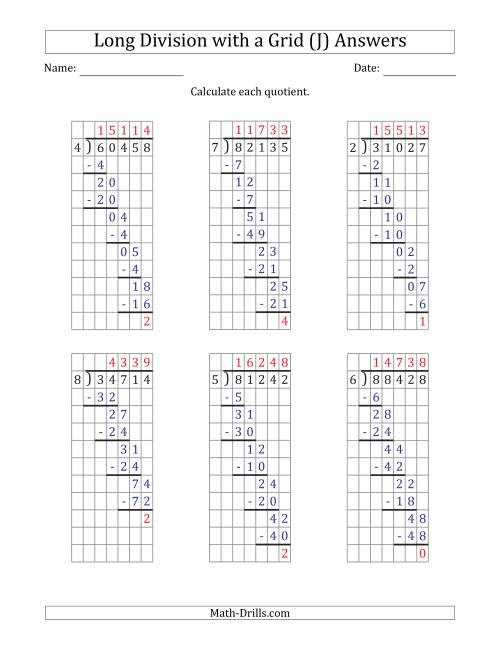 The 5-Digit by 1-Digit Long Division with Remainders with Grid Assistance (J) Math Worksheet Page 2