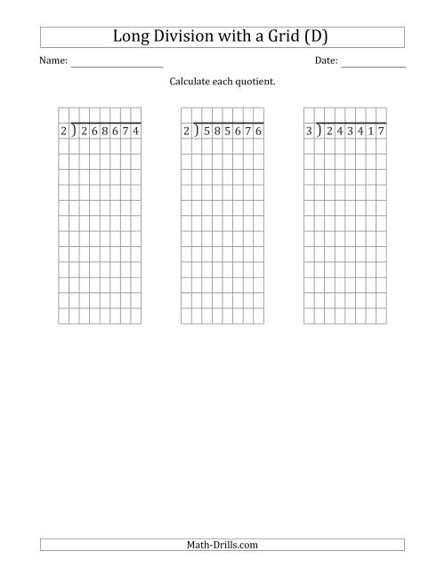 The 6-Digit by 1-Digit Long Division with Grid Assistance and NO Remainders (D) Math Worksheet