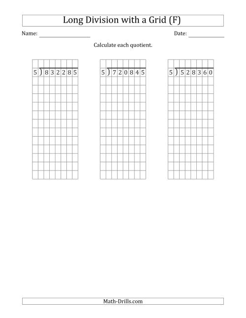 The 6-Digit by 1-Digit Long Division with Grid Assistance and NO Remainders (F) Math Worksheet