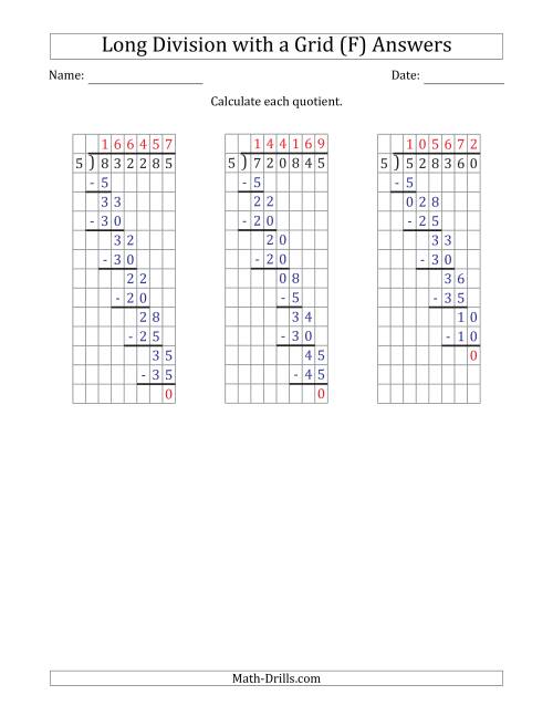 The 6-Digit by 1-Digit Long Division with Grid Assistance and NO Remainders (F) Math Worksheet Page 2