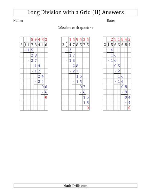 The 6-Digit by 1-Digit Long Division with Grid Assistance and NO Remainders (H) Math Worksheet Page 2