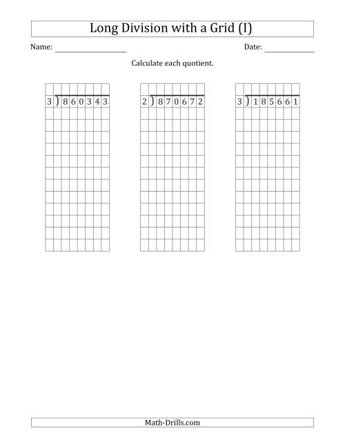 The 6-Digit by 1-Digit Long Division with Grid Assistance and NO Remainders (I) Math Worksheet