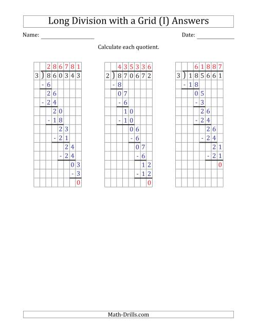 The 6-Digit by 1-Digit Long Division with Grid Assistance and NO Remainders (I) Math Worksheet Page 2