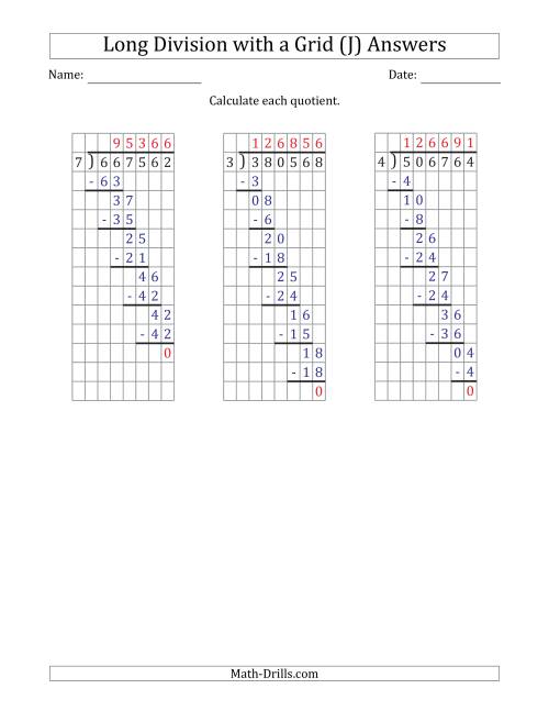 The 6-Digit by 1-Digit Long Division with Grid Assistance and NO Remainders (J) Math Worksheet Page 2