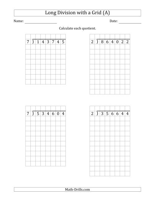 The 6-Digit by 1-Digit Long Division with Grid Assistance and NO Remainders (Old) Math Worksheet