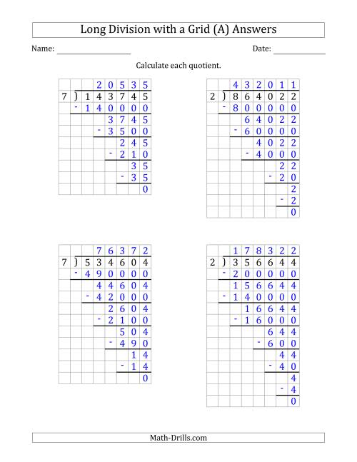 The 6-Digit by 1-Digit Long Division with Grid Assistance and NO Remainders (Old) Math Worksheet Page 2