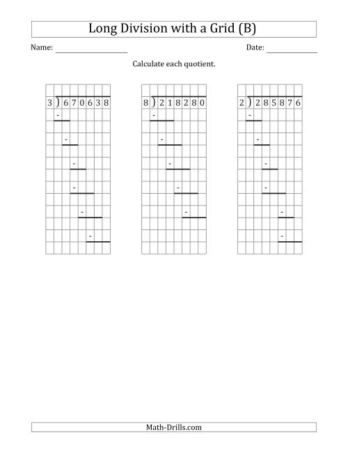 The 6-Digit by 1-Digit Long Division with Grid Assistance and Prompts and NO Remainders (B) Math Worksheet