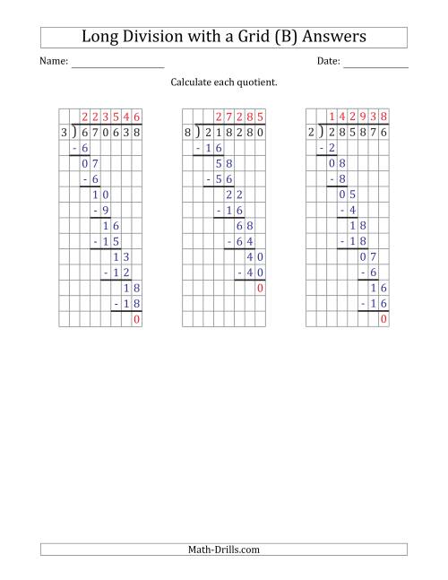 The 6-Digit by 1-Digit Long Division with Grid Assistance and Prompts and NO Remainders (B) Math Worksheet Page 2