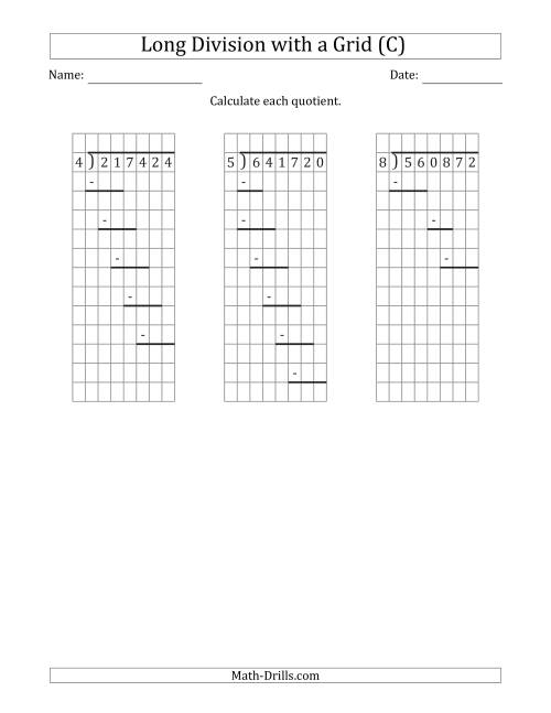 The 6-Digit by 1-Digit Long Division with Grid Assistance and Prompts and NO Remainders (C) Math Worksheet