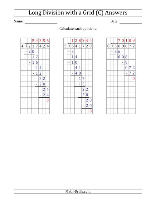 The 6-Digit by 1-Digit Long Division with Grid Assistance and Prompts and NO Remainders (C) Math Worksheet Page 2