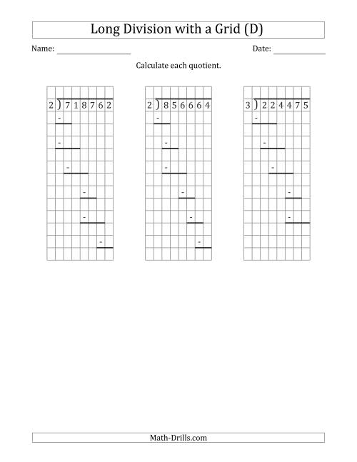 The 6-Digit by 1-Digit Long Division with Grid Assistance and Prompts and NO Remainders (D) Math Worksheet