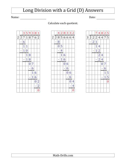 The 6-Digit by 1-Digit Long Division with Grid Assistance and Prompts and NO Remainders (D) Math Worksheet Page 2