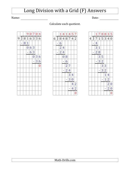 The 6-Digit by 1-Digit Long Division with Grid Assistance and Prompts and NO Remainders (F) Math Worksheet Page 2