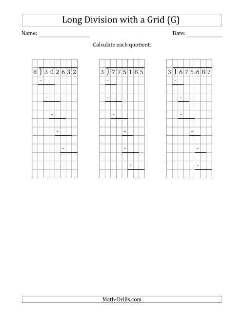 The 6-Digit by 1-Digit Long Division with Grid Assistance and Prompts and NO Remainders (G) Math Worksheet