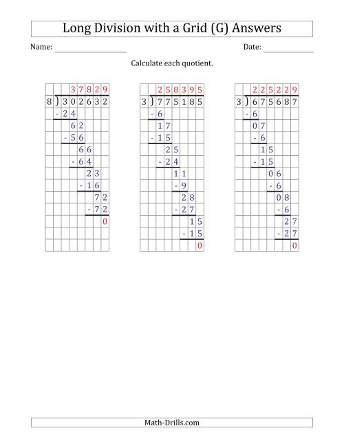 The 6-Digit by 1-Digit Long Division with Grid Assistance and Prompts and NO Remainders (G) Math Worksheet Page 2