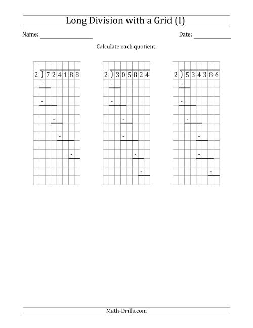 The 6-Digit by 1-Digit Long Division with Grid Assistance and Prompts and NO Remainders (I) Math Worksheet