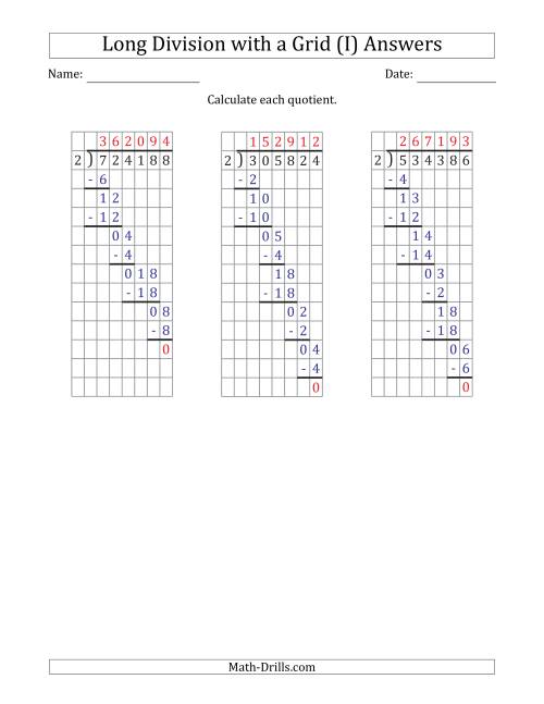 The 6-Digit by 1-Digit Long Division with Grid Assistance and Prompts and NO Remainders (I) Math Worksheet Page 2
