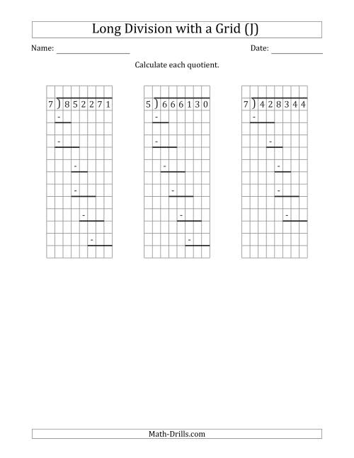 The 6-Digit by 1-Digit Long Division with Grid Assistance and Prompts and NO Remainders (J) Math Worksheet