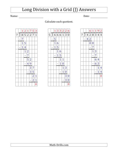 The 6-Digit by 1-Digit Long Division with Grid Assistance and Prompts and NO Remainders (J) Math Worksheet Page 2