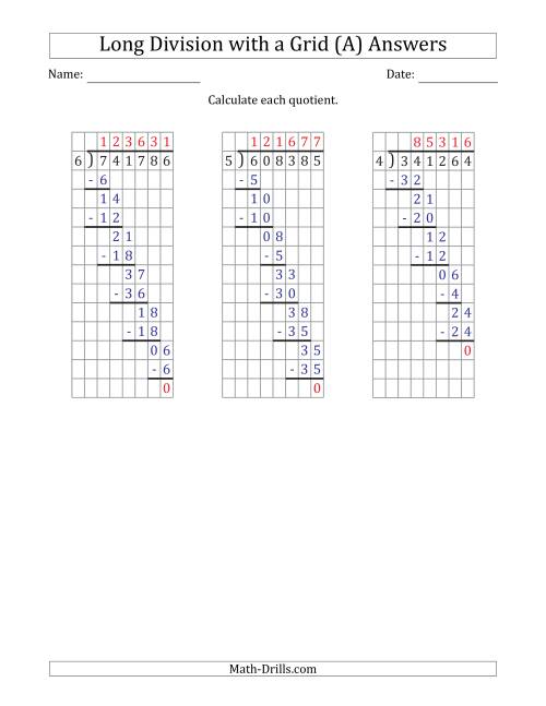 The 6-Digit by 1-Digit Long Division with Grid Assistance and Prompts and NO Remainders (All) Math Worksheet Page 2