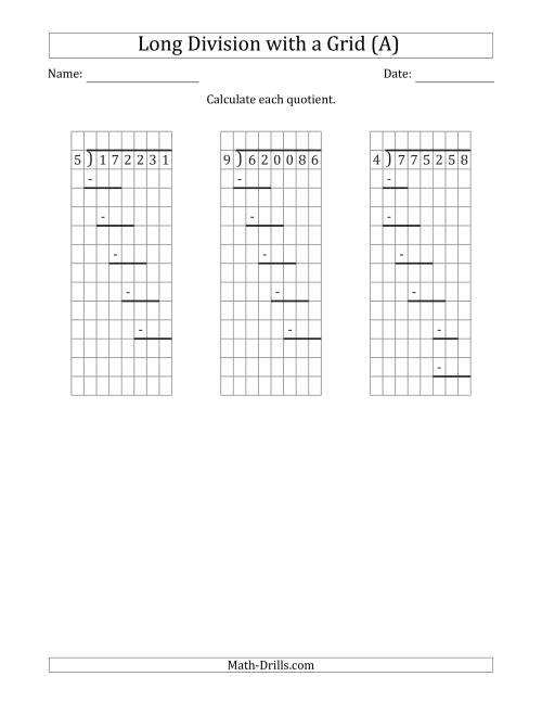 The 6-Digit by 1-Digit Long Division with Remainders with Grid Assistance and Prompts (A) Math Worksheet