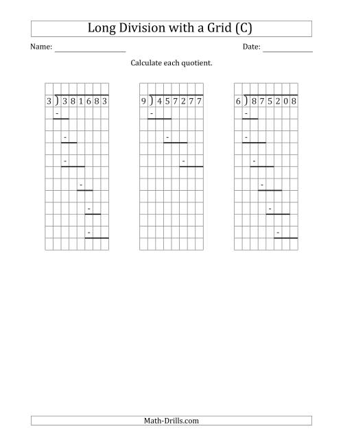 The 6-Digit by 1-Digit Long Division with Remainders with Grid Assistance and Prompts (C) Math Worksheet